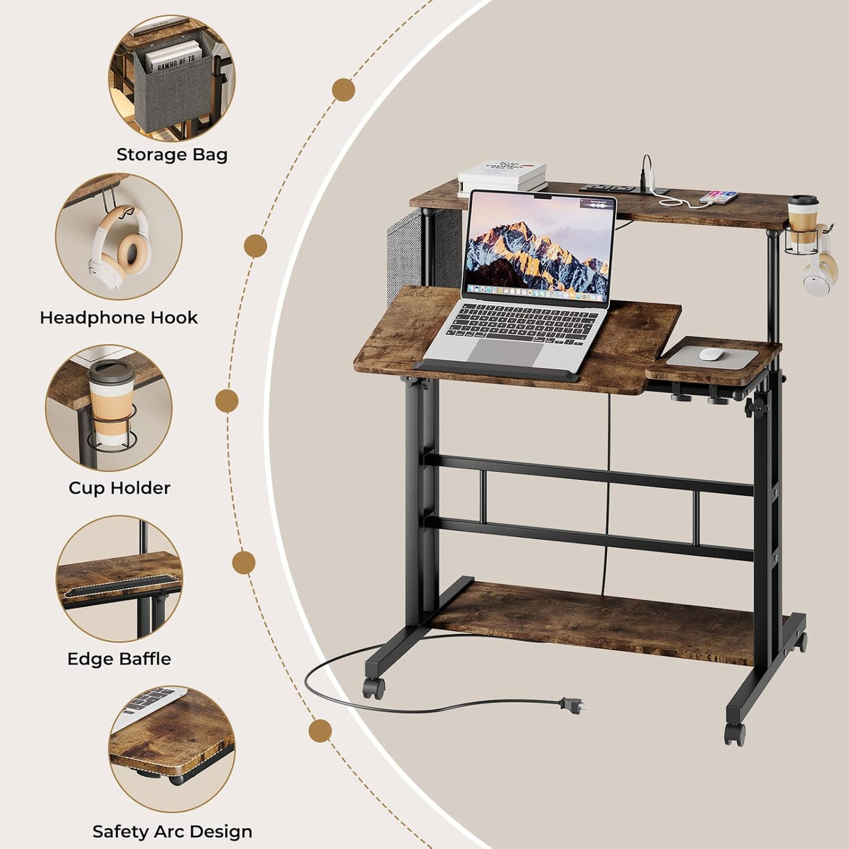 Dripex Mobile Standing Desk with Power Outlets & Strip Lights