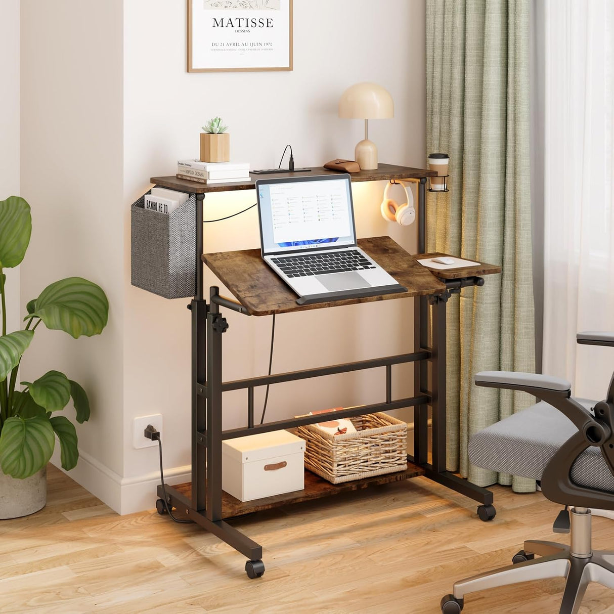 Dripex Mobile Standing Desk with Power Outlets & Strip Lights