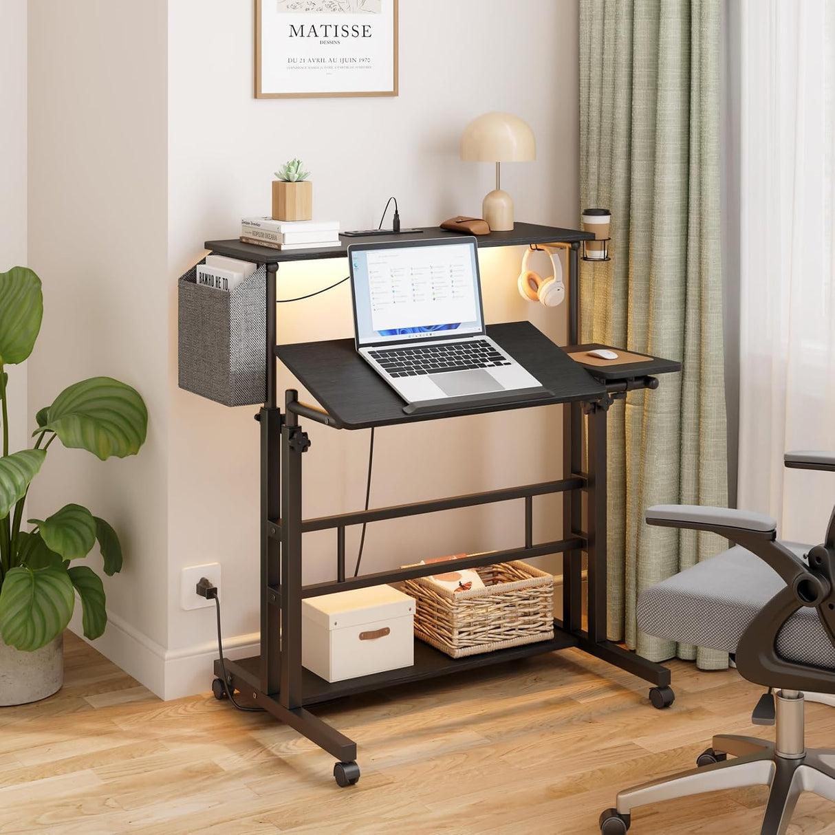 Dripex Mobile Standing Desk with Power Outlets & Strip Lights