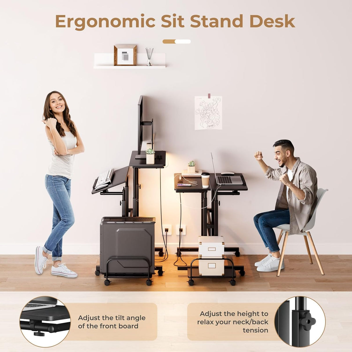 Dripex Mobile Standing Desk with Power Outlets & Strip Lights