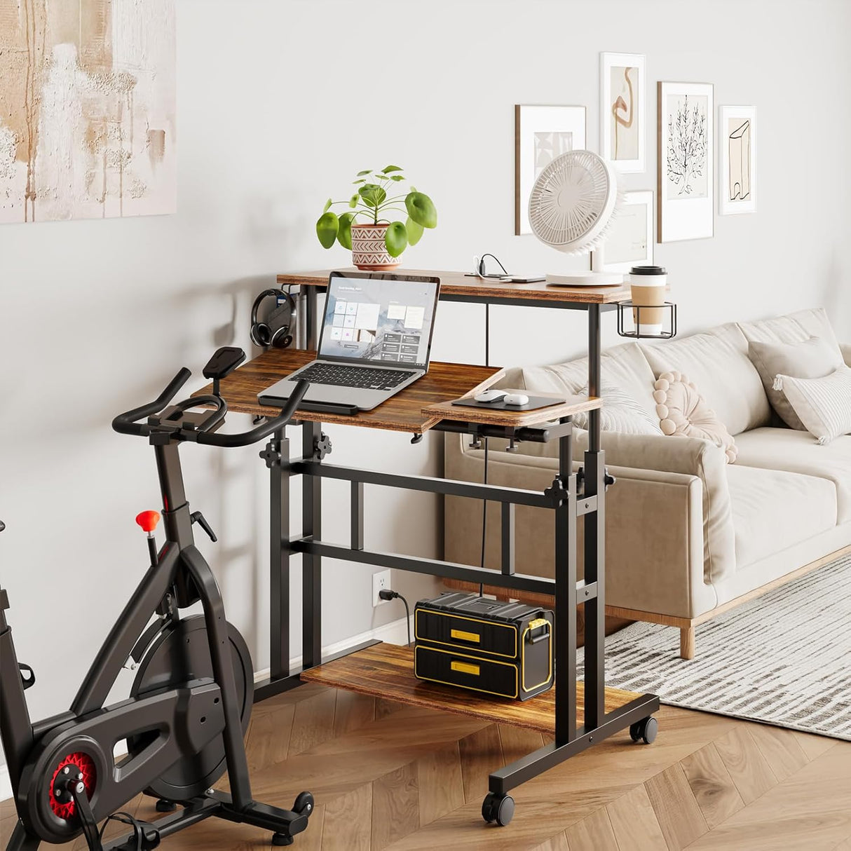 Dripex Mobile Standing Desk with Power Outlets & Strip Lights