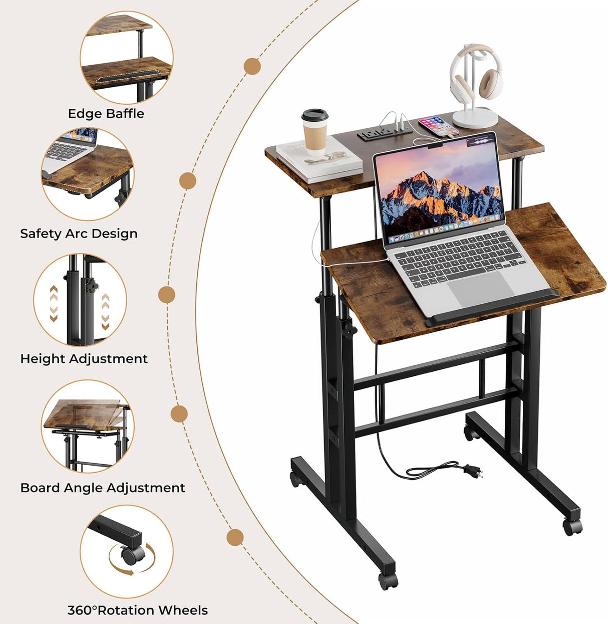 Dripex Mobile Standing Desk with Power Outlets & Strip Lights