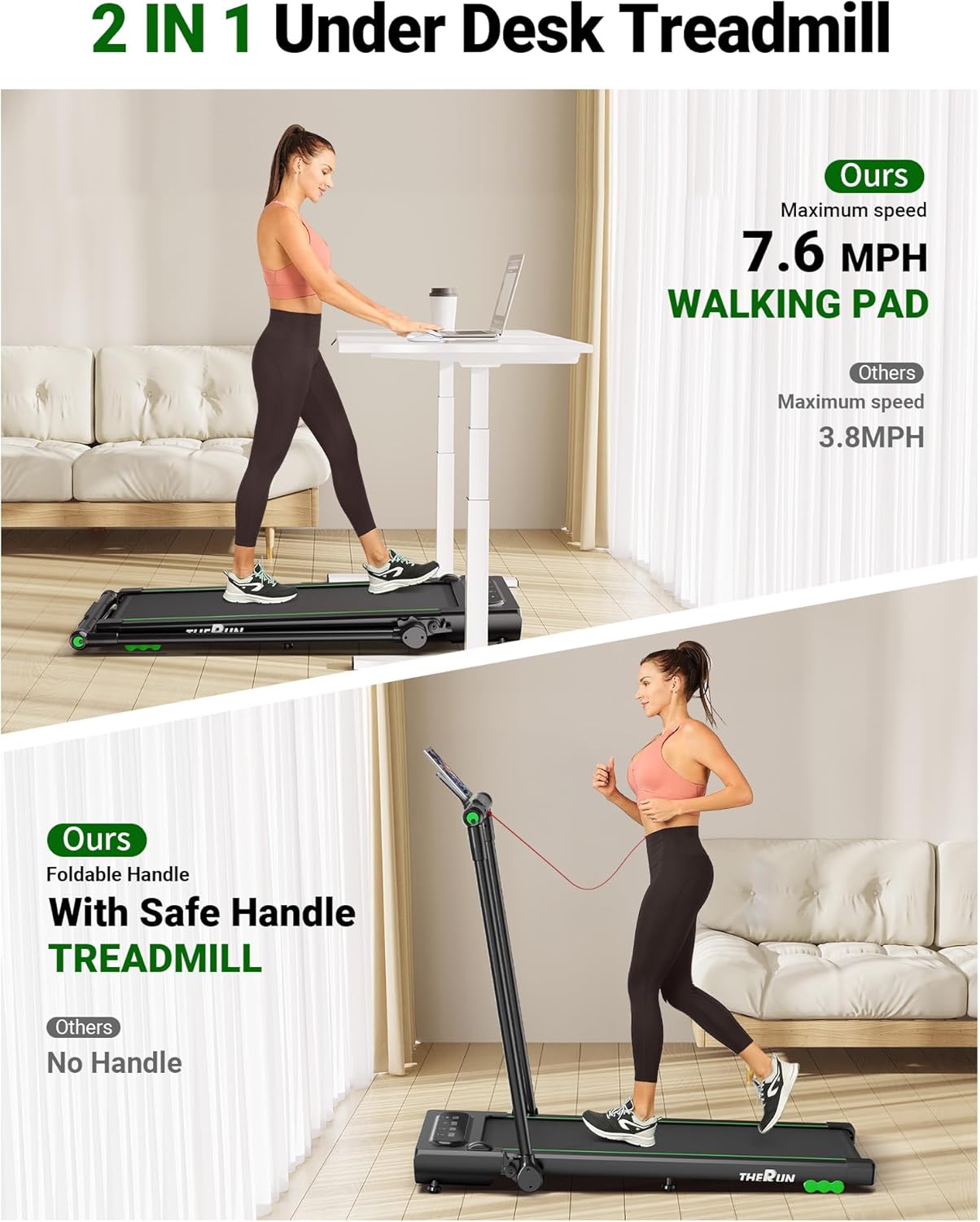 2.5HP Treadmill 2 in 1 Walking Pad Treadmill