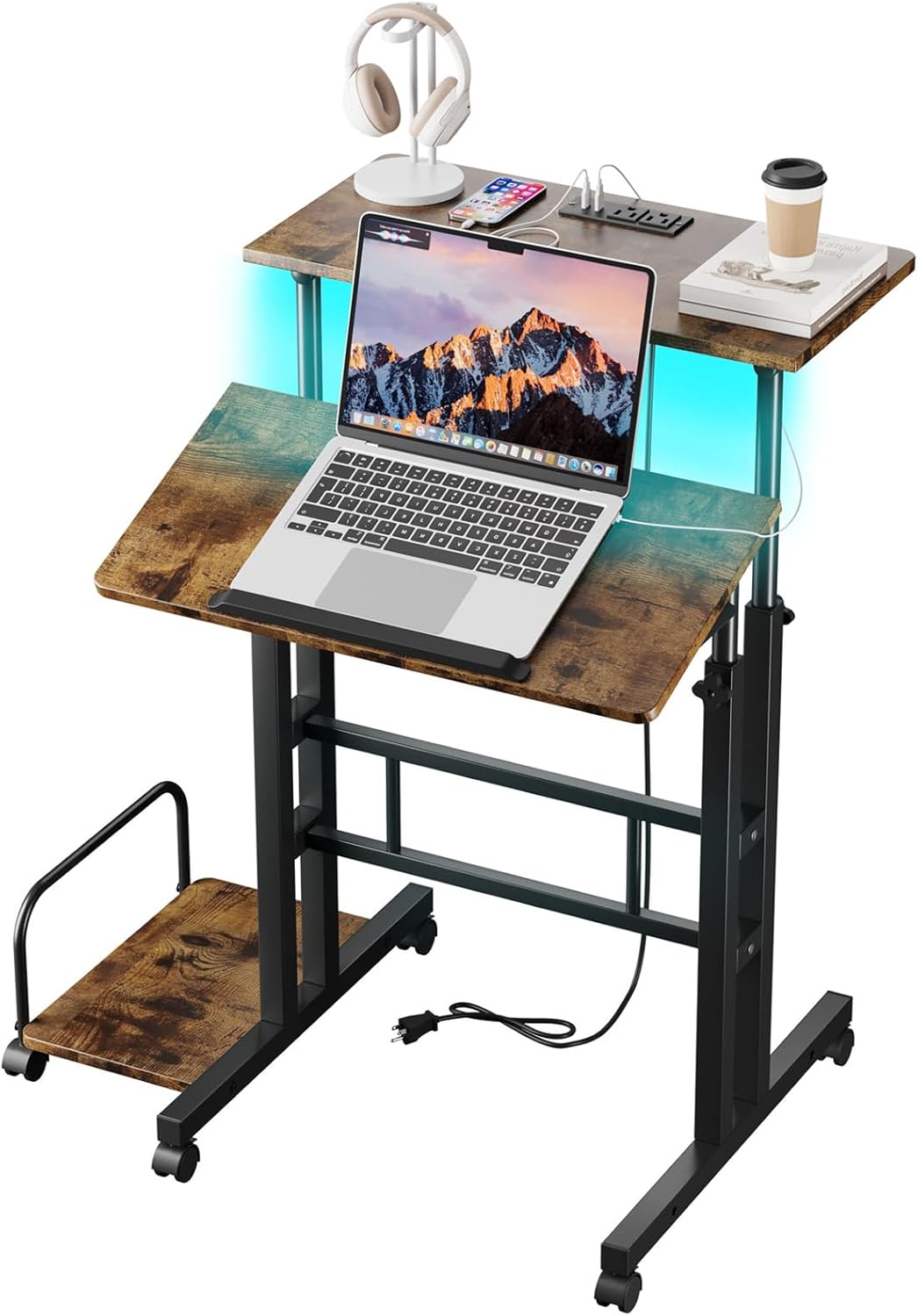 Dripex Mobile Standing Desk with Power Outlets & Strip Lights