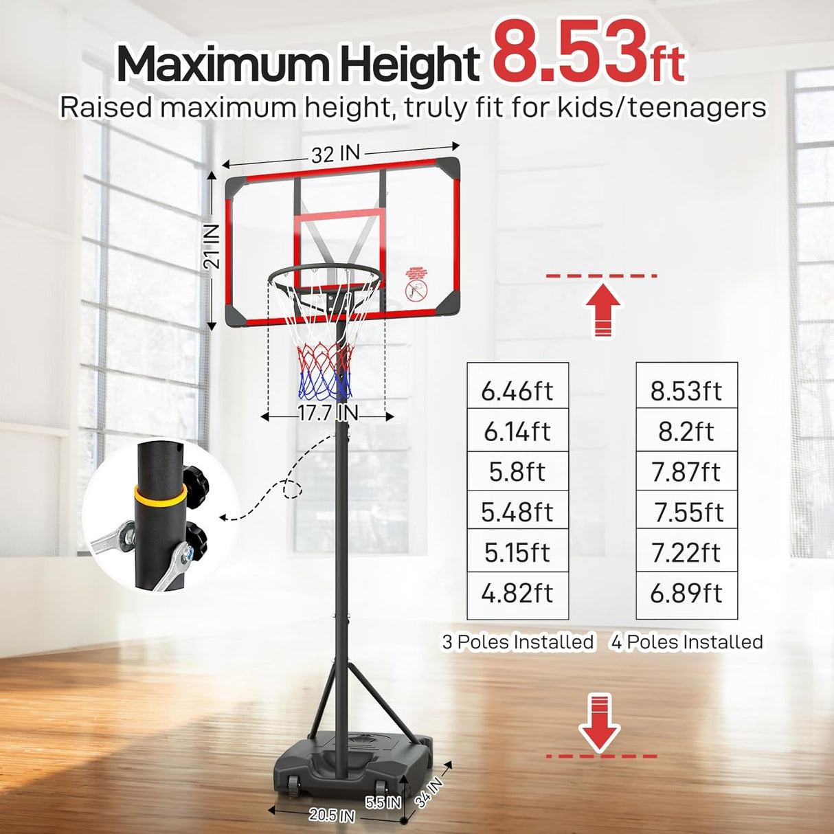 Kids Basketball Hoop Outdoor 4.82-8.53ft Adjustable Portable Basketball Hoops