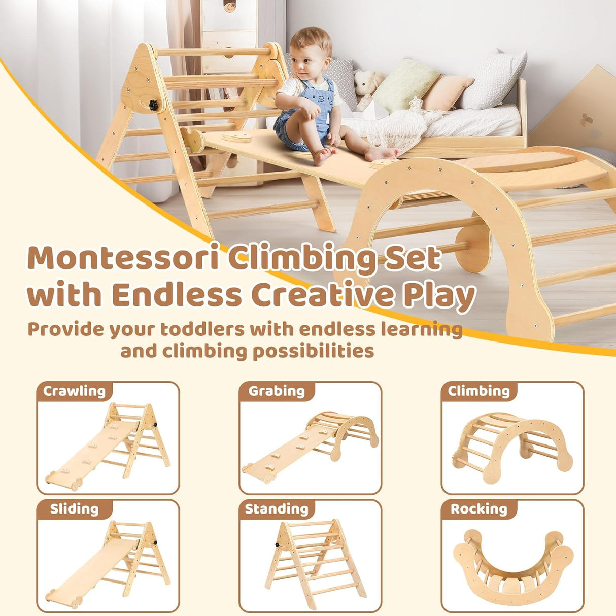 Pikler Triangle Set Foldable 7-in-1 Montessori Climbing Set