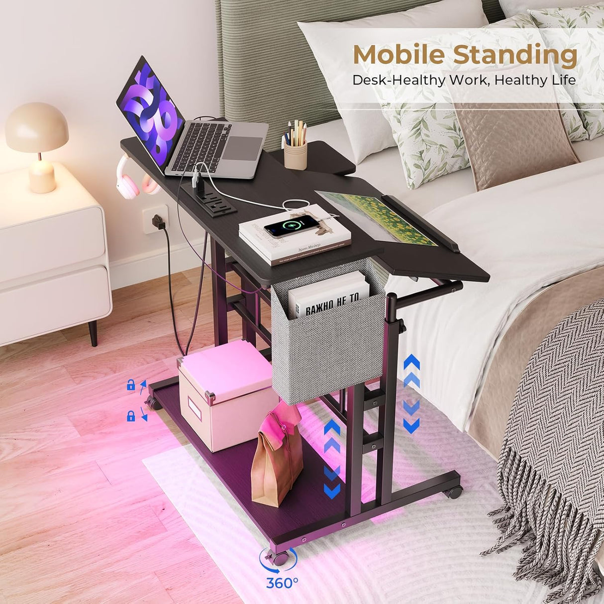 Dripex Mobile Standing Desk with Power Outlets & Strip Lights