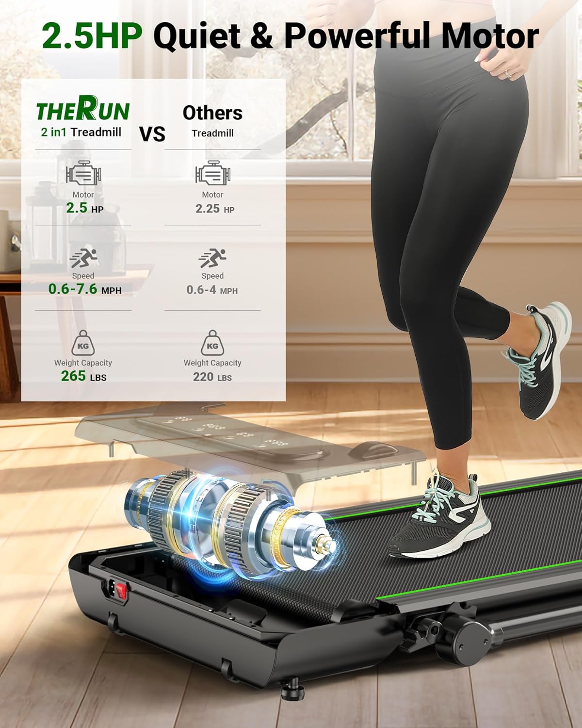 2.5HP Treadmill 2 in 1 Walking Pad Treadmill