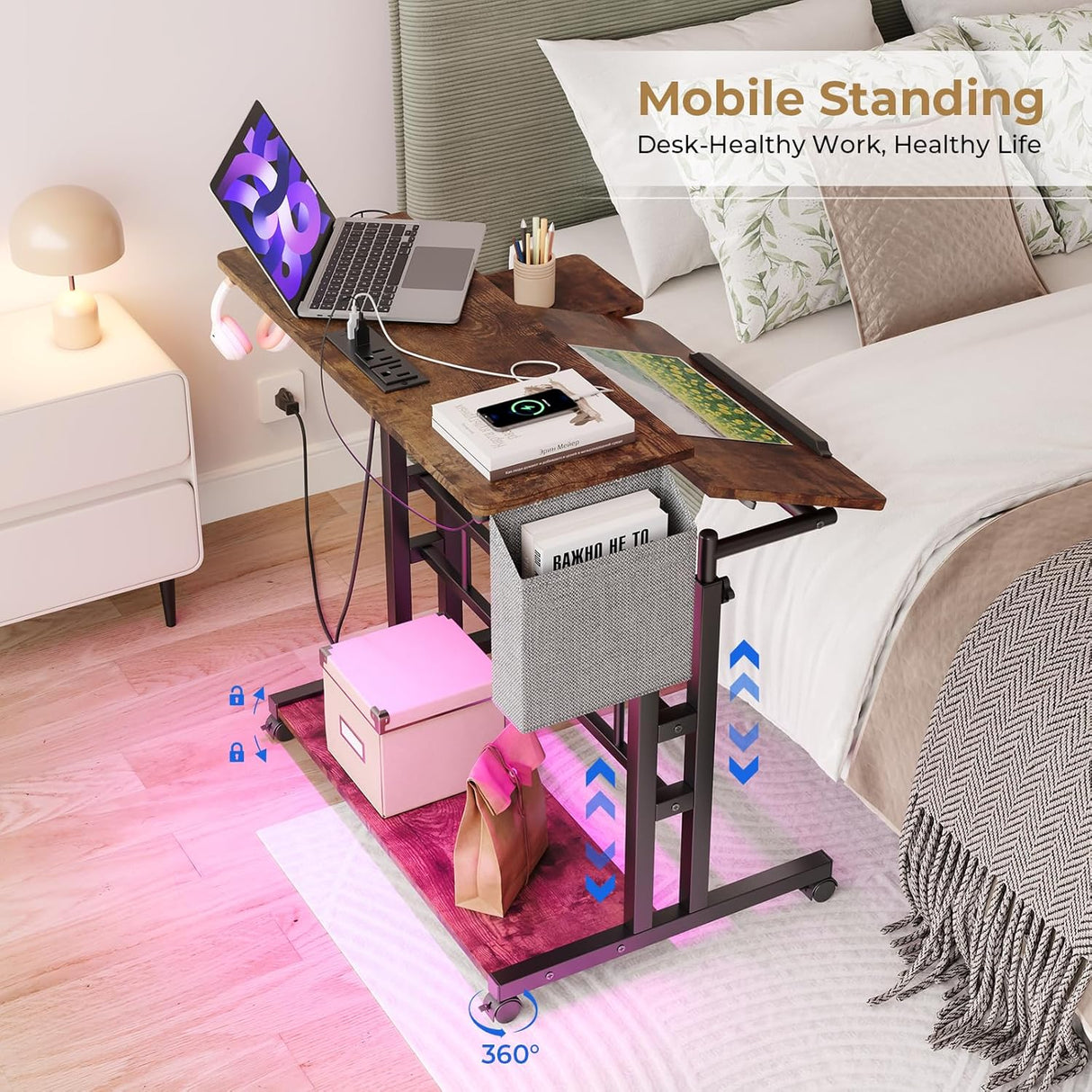 Dripex Mobile Standing Desk with Power Outlets & Strip Lights