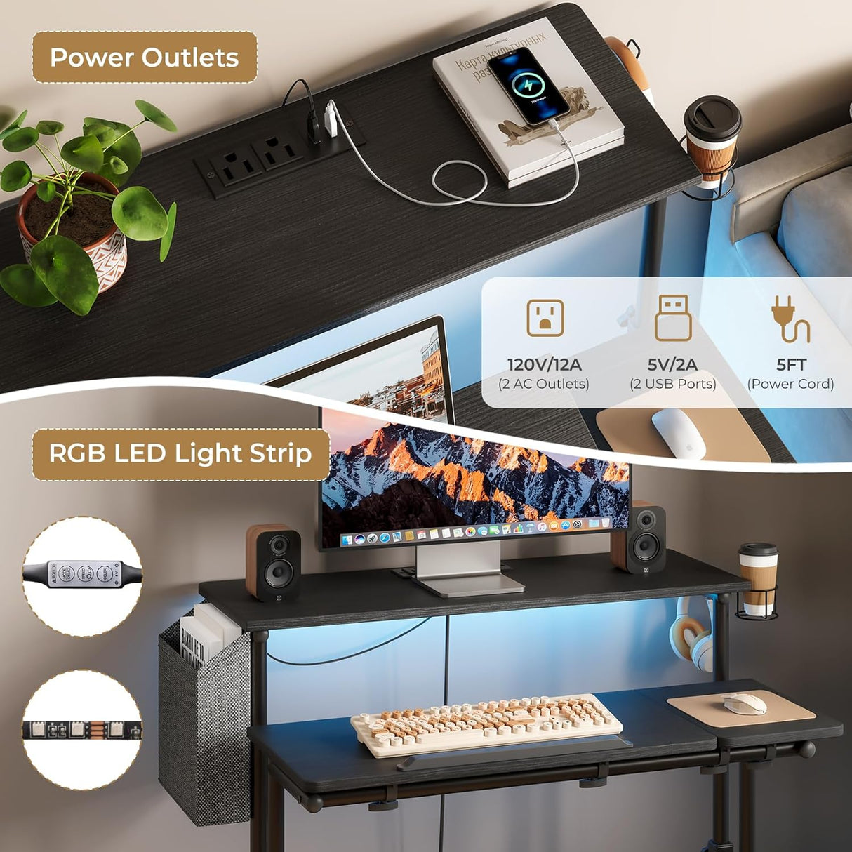 Dripex Mobile Standing Desk with Power Outlets & Strip Lights