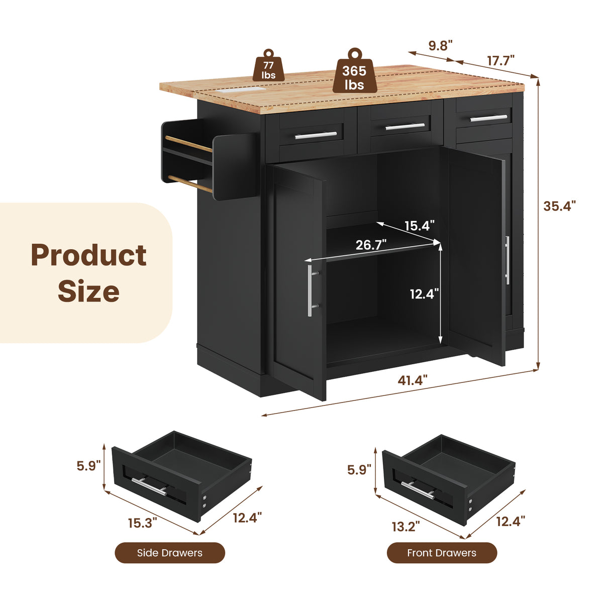 Dripex 41.5'' Kitchen Island with Power Outlet, Trash Cabinet & Storage，Black