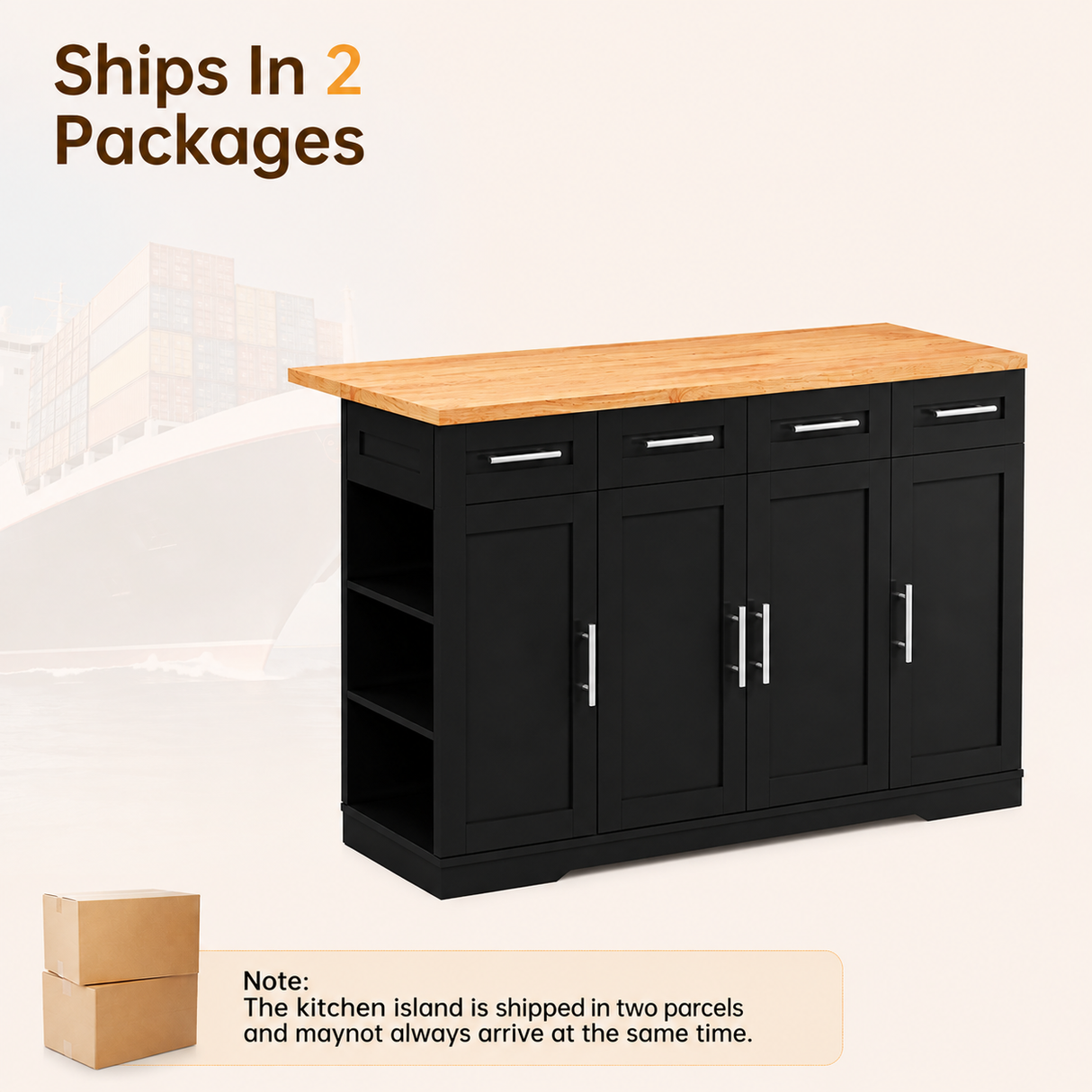 Dripex 53'' Rolling Kitchen Island with Power Outlet, Drop Leaf & Trash Can，Black