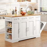 Dripex 53'' Rolling Kitchen Island with Power Outlet, Drop Leaf & Trash Can，White