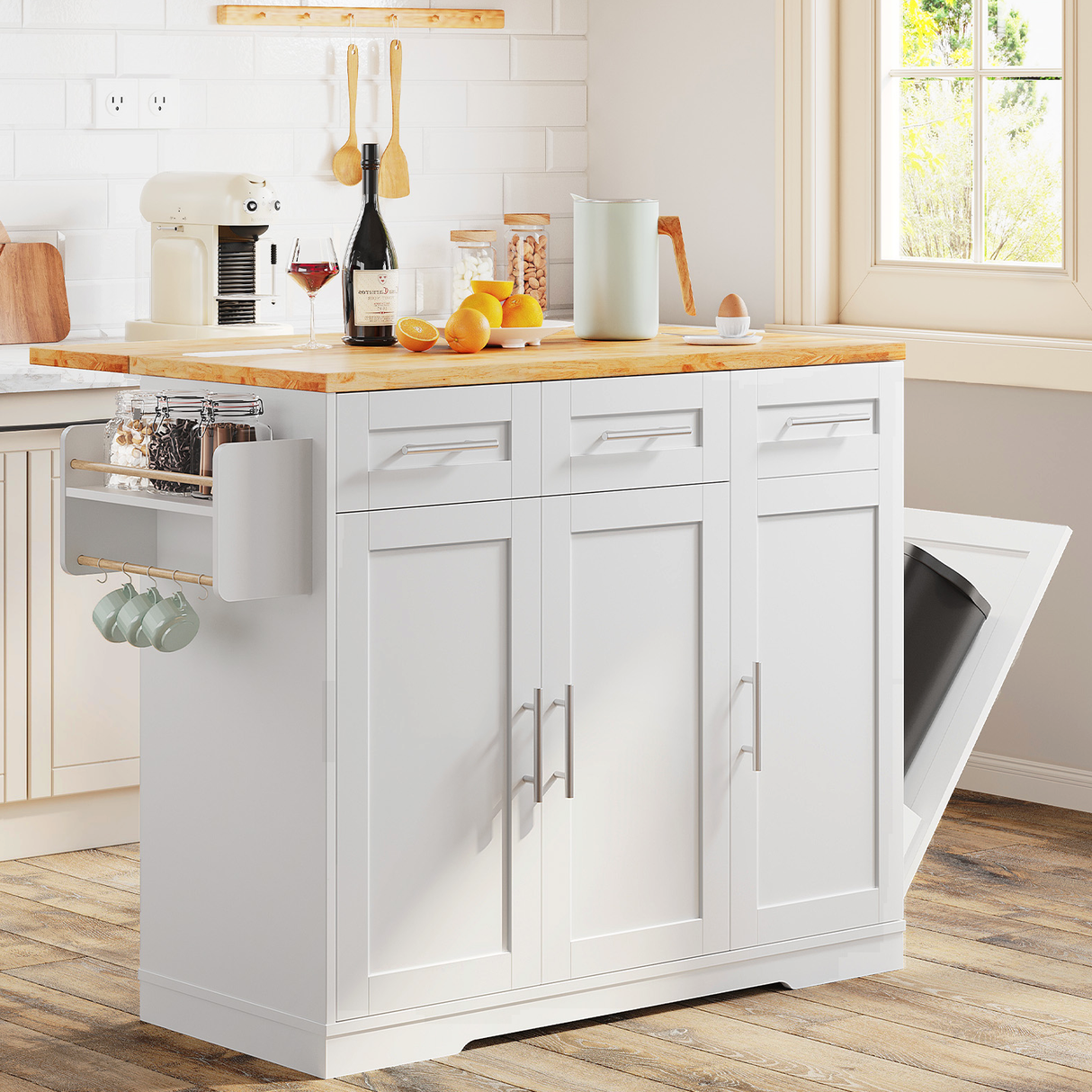 Dripex 41.5'' Kitchen Island with Power Outlet, Trash Cabinet & Storage，White