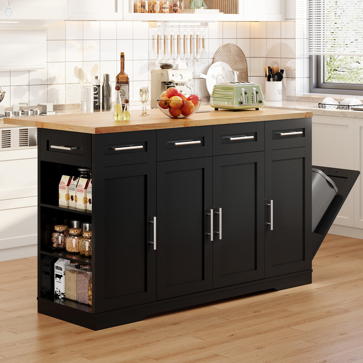 Dripex 53'' Rolling Kitchen Island with Power Outlet, Drop Leaf & Trash Can，Black