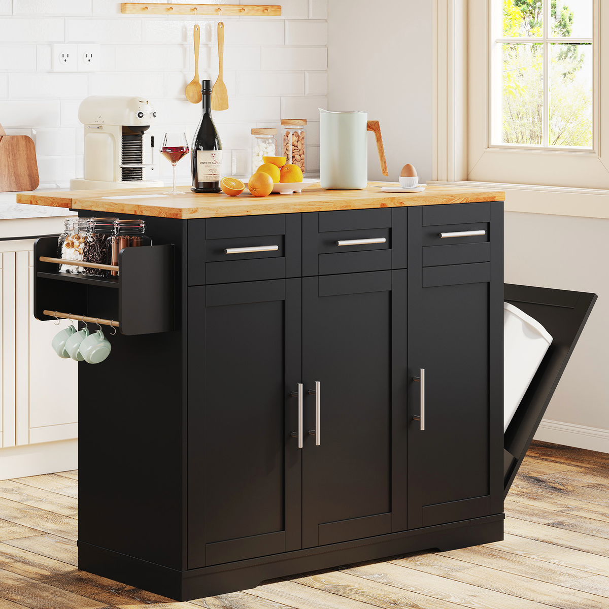Dripex 41.5'' Kitchen Island with Power Outlet, Trash Cabinet & Storage，Black