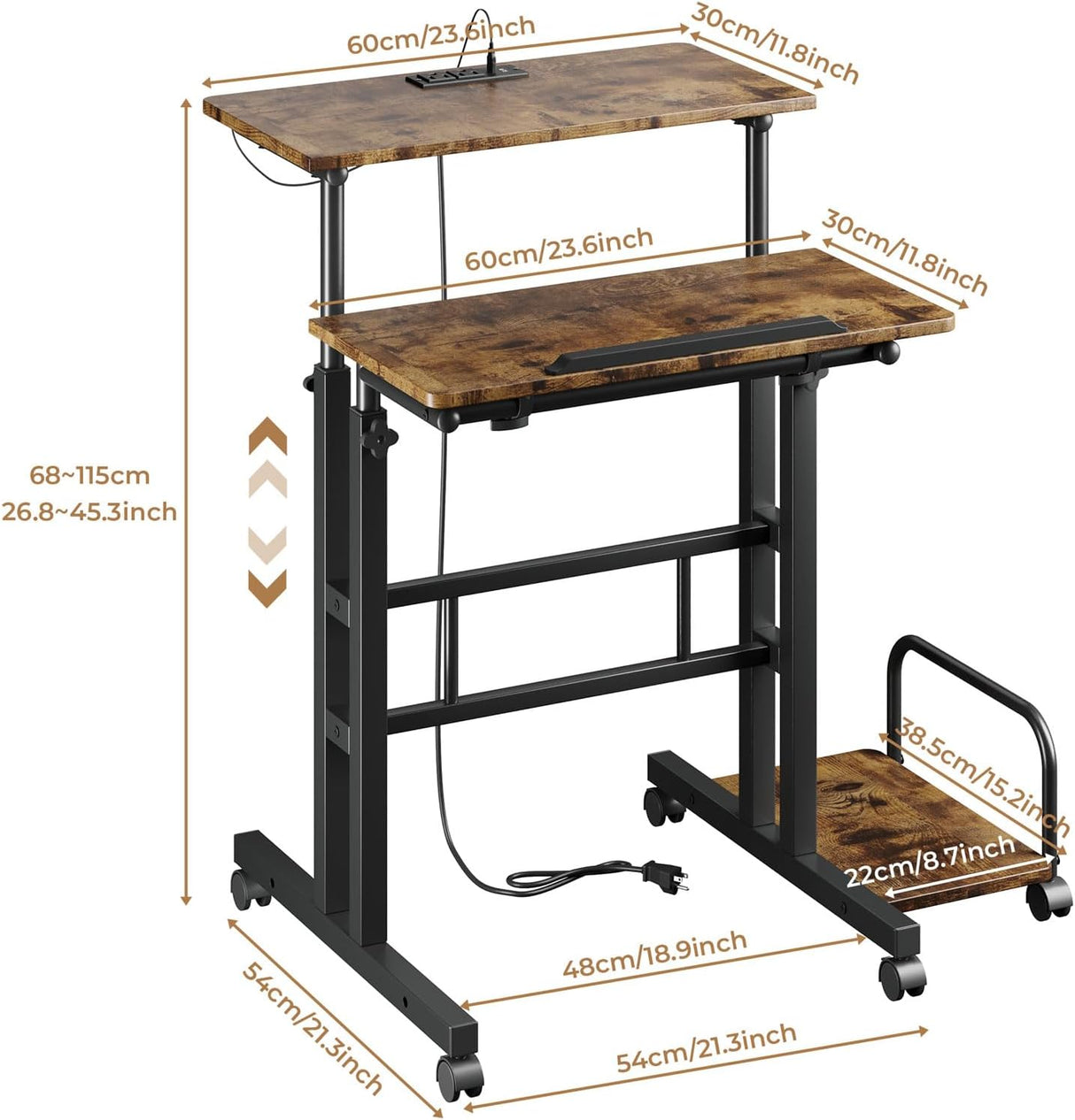 Dripex Mobile Standing Desk with Power Outlets & Strip Lights Rolling Computer Desk