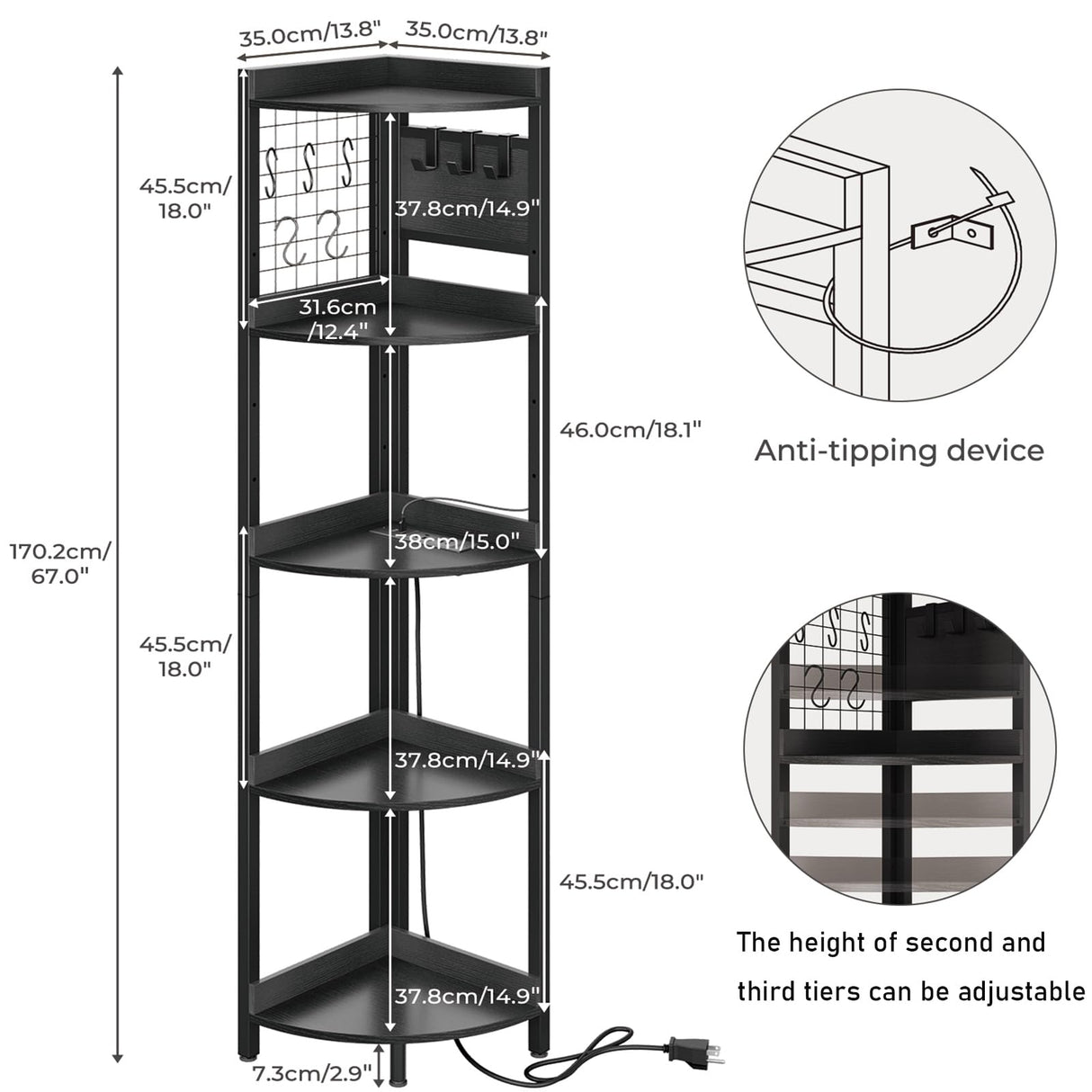 Dripex 60 inch Tall Corner Shelf with Power Outlets & Strip Lights