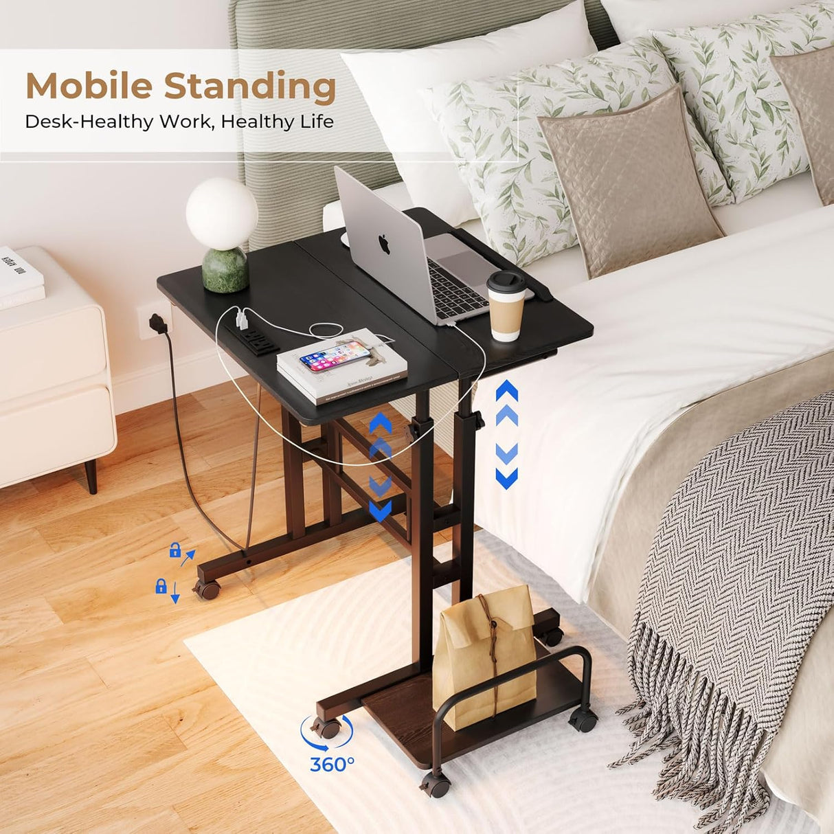 Dripex Mobile Standing Desk with Power Outlets & Strip Lights Rolling Computer Desk