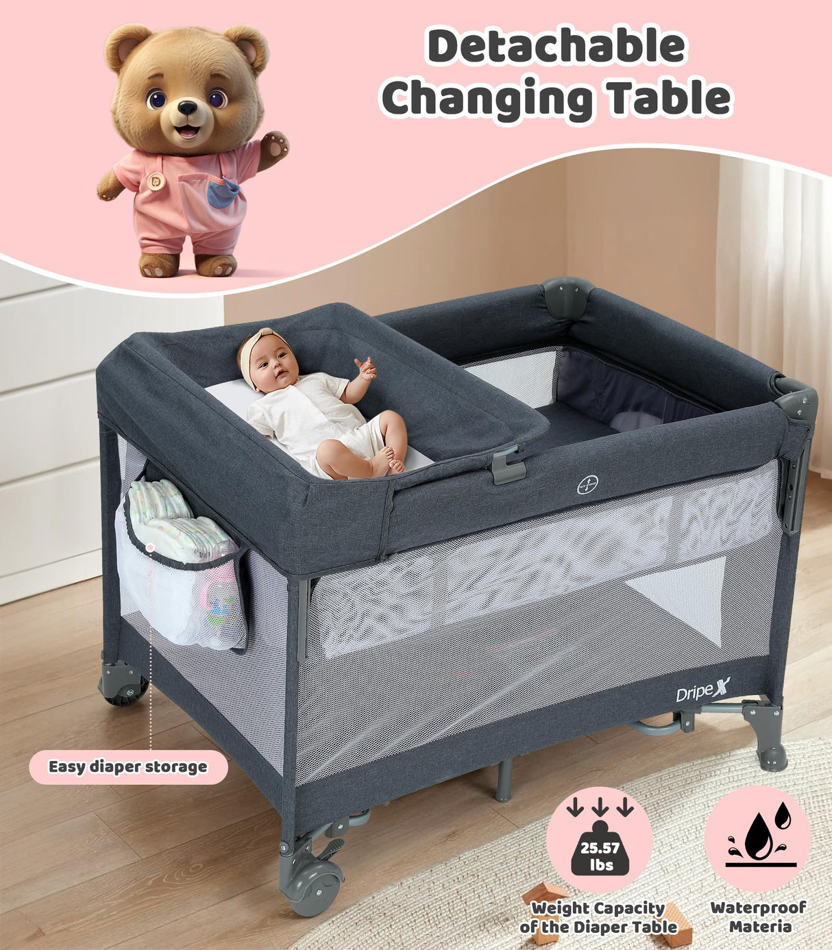 Dripex Pack and Play, 5 in 1 Baby Bassinet Bedside Sleeper